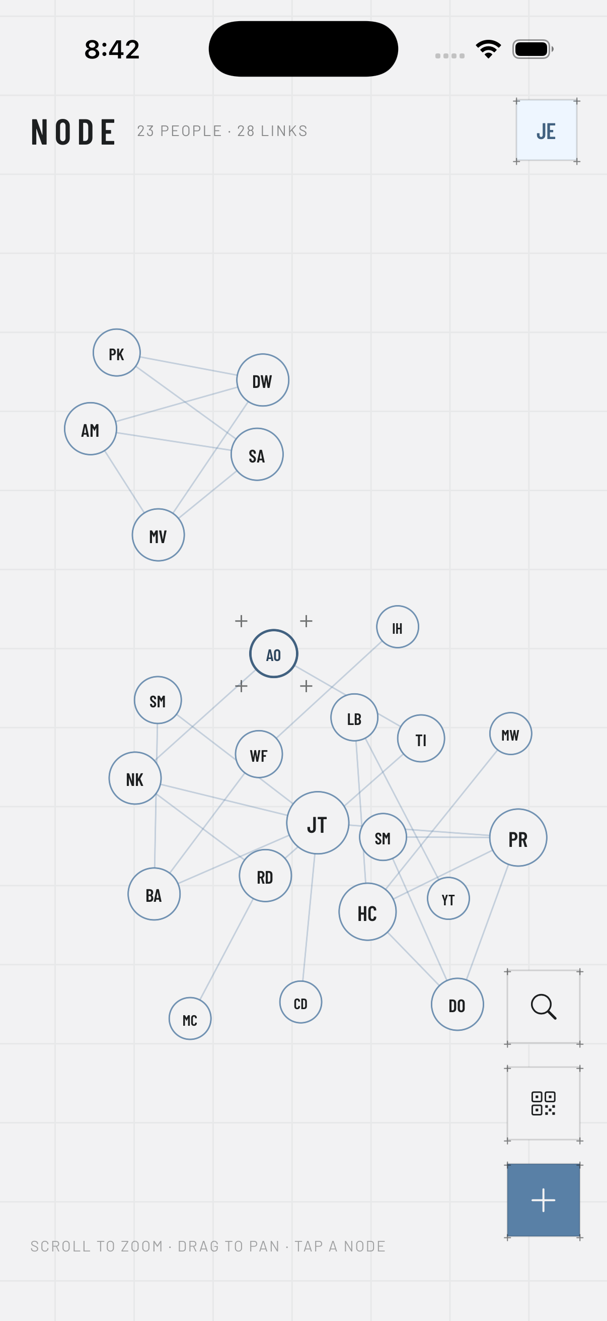 NODE home screen on iPhone: 23 people and 28 links drawn as a network of initialed nodes on a faint grid