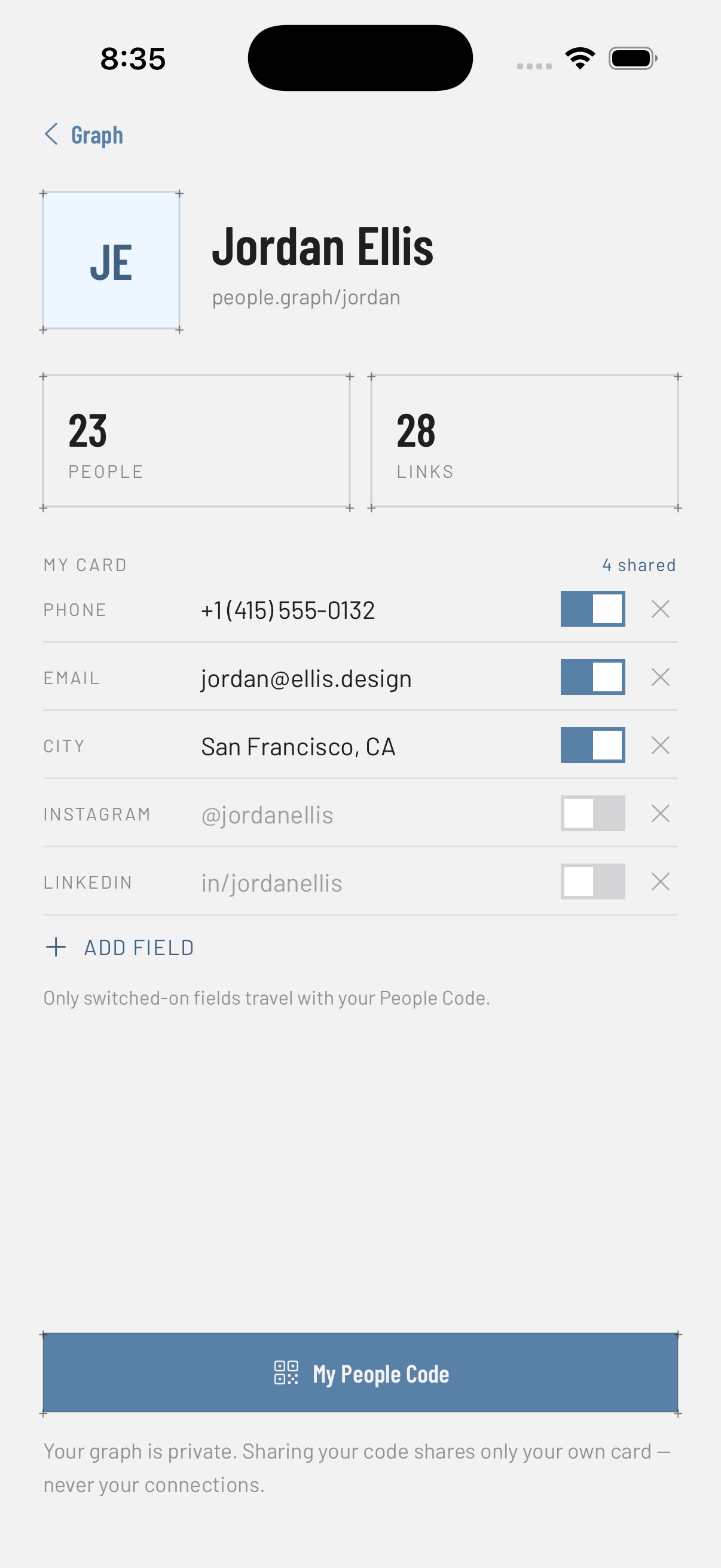 NODE card screen on iPhone: sharable fields with switches and a My People Code button